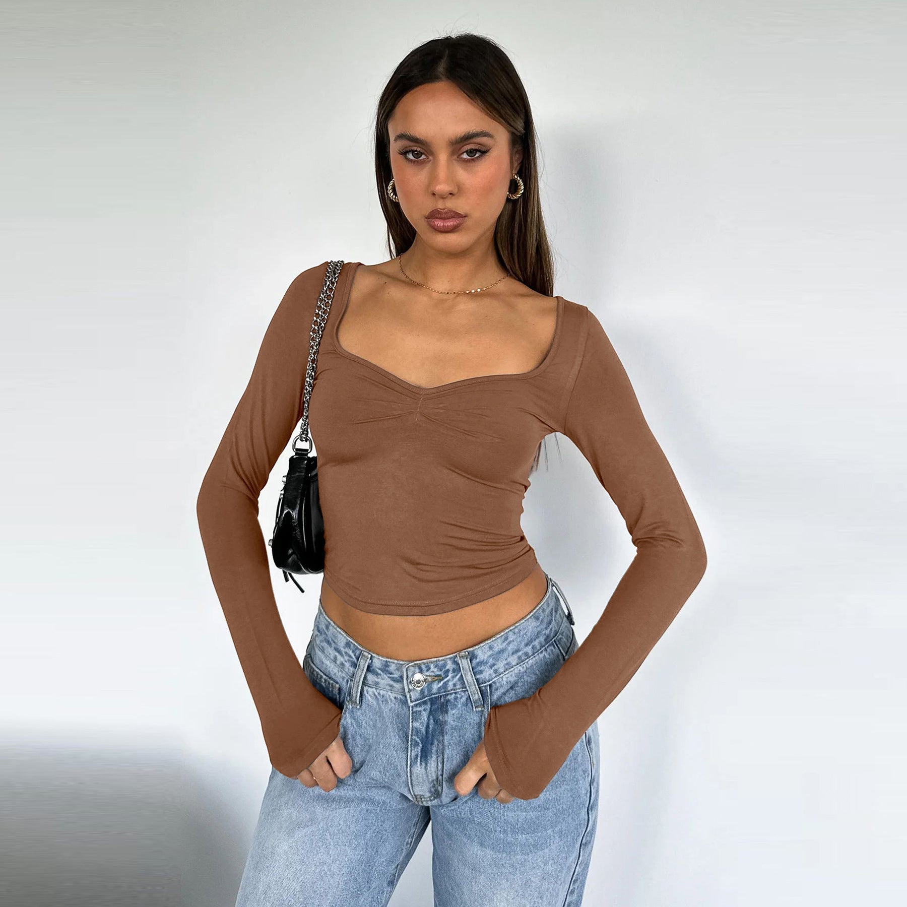 Sexy Square Neck T shirt Women Autumn Solid Color Long Sleeved Short Top Sexy Cropped Knitted Sweater