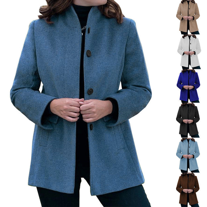 Autumn Winter Simplicity Long Sleeve Collared Button Slim-Fit Woolen Coat Women