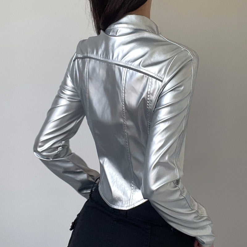 Hipster Reflective Leather Jacket Stand Collar Irregular Asymmetric Hem Short Cropped-Exposed Sexy Faux Leather Jacket Top