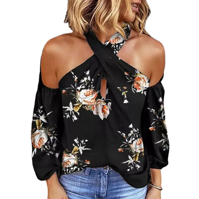 Summer Printed Long Sleeve Halter Sexy Backless Loose Top Women