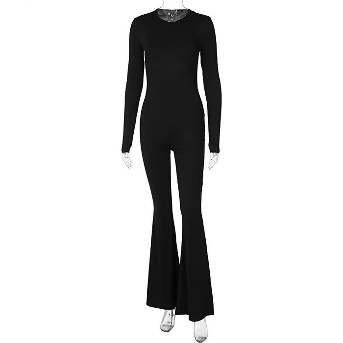 Autumn Winter Women Sexy Backless Long Sleeves Bell Bottom Pants Slim Fit Hip Raise Jumpsuit Women