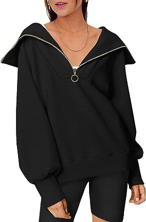 Women Clothing Autumn Winter Oversized Half Zipper Pullover Sweater Hoodie Top