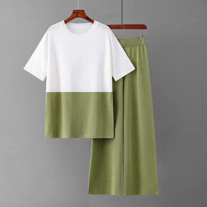 Casual Set Women Summer Loose Slimming Color Matching Short Sleeve Wide Leg Pants Two Piece Set