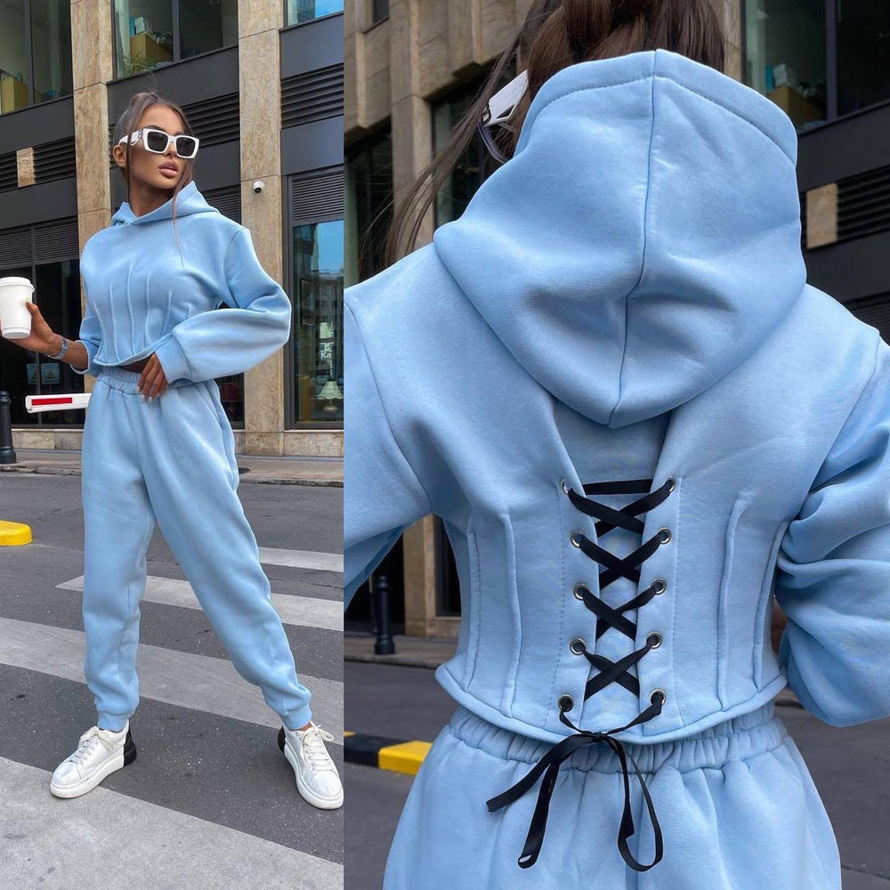 Hoodie Set Women Fall Winter Cinched Hoodie Sweater Casual Jogger Pants Two Piece Set
