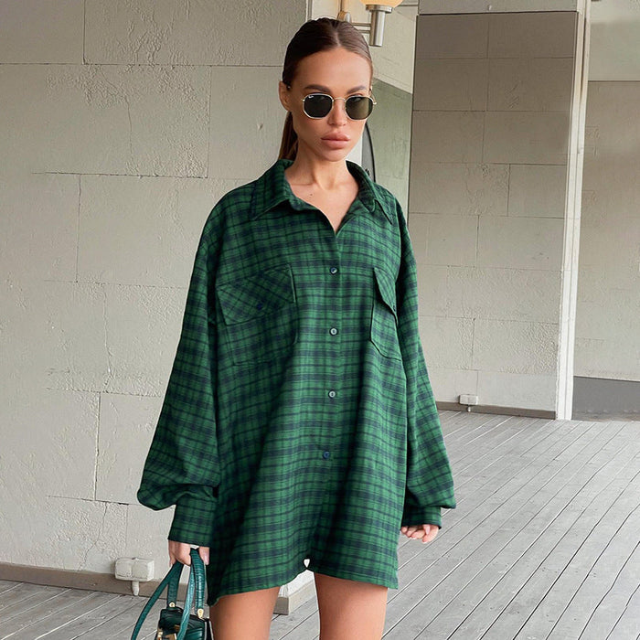 Women  Clothing Retro Plaid Shirt Green Boyfriend Mid Length Loose Oversize Shirt