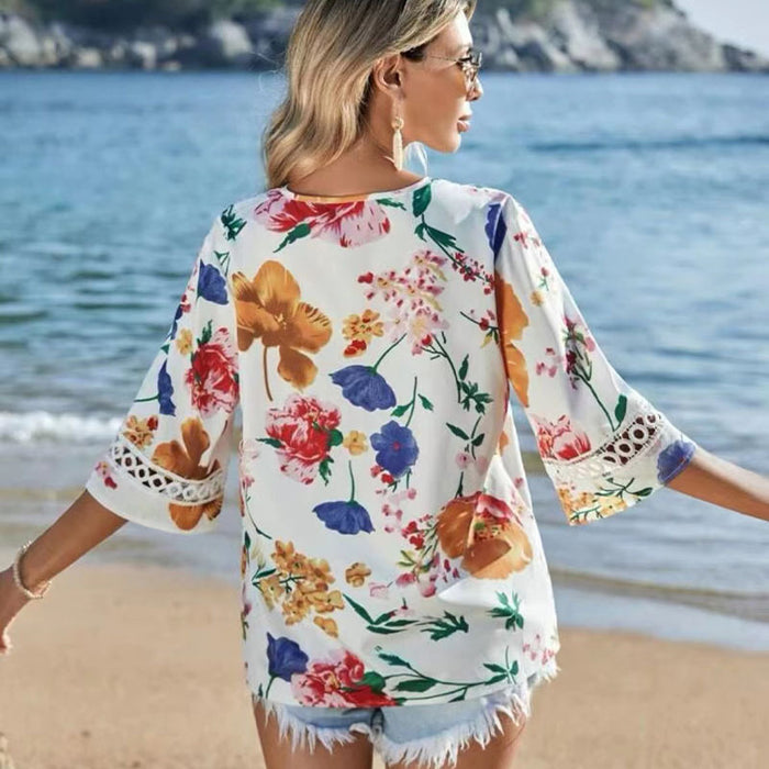 Summer Autumn Lace Bell Sleeve V Neck Loose Printed Chiffon Shirt