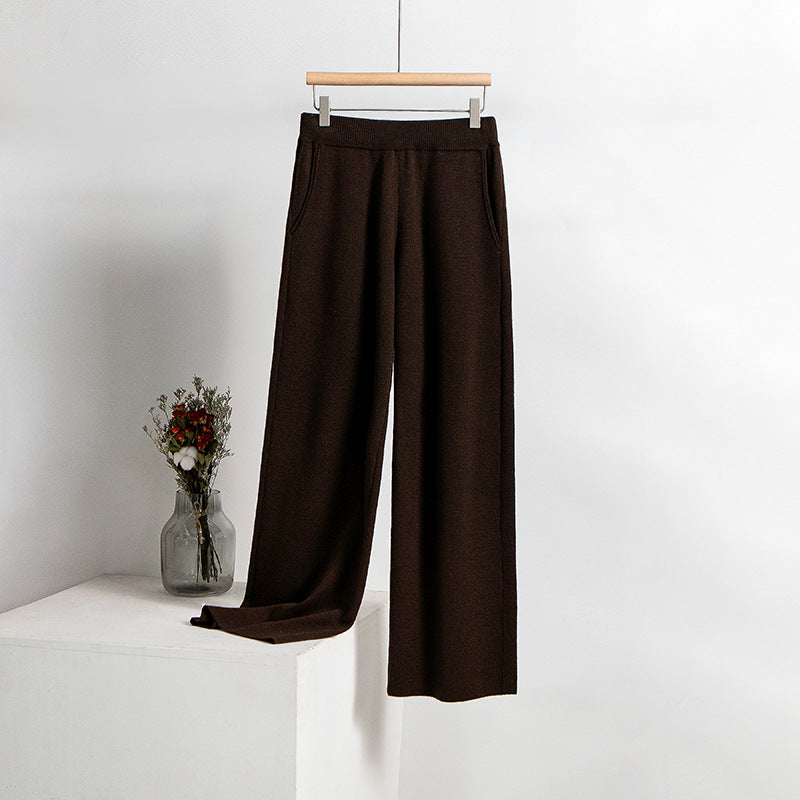 Knitted Trousers Autumn Solid Color Pocket Smart Trousers Women Loose Wide Leg Pants Straight Woollen Trousers Women