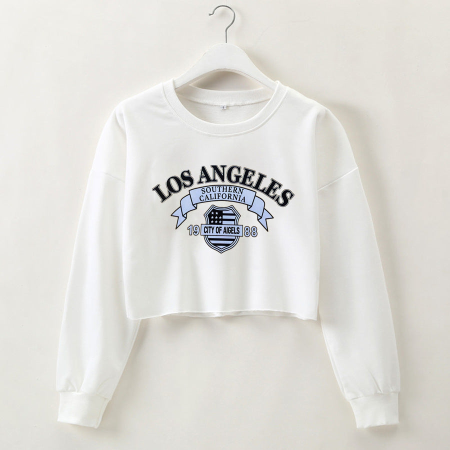 Women Clothing Autumn Winter Los Angeles Letter Graphic Printed Short Long-Sleeved Sweater