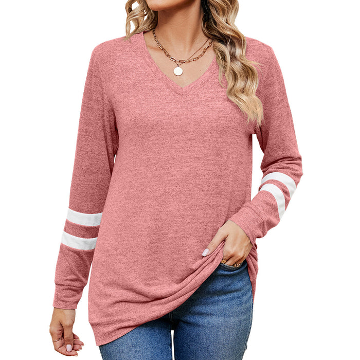 Autumn Winter Solid Color V neck Color Contrast Patchwork Loose Long Sleeved T shirt Top