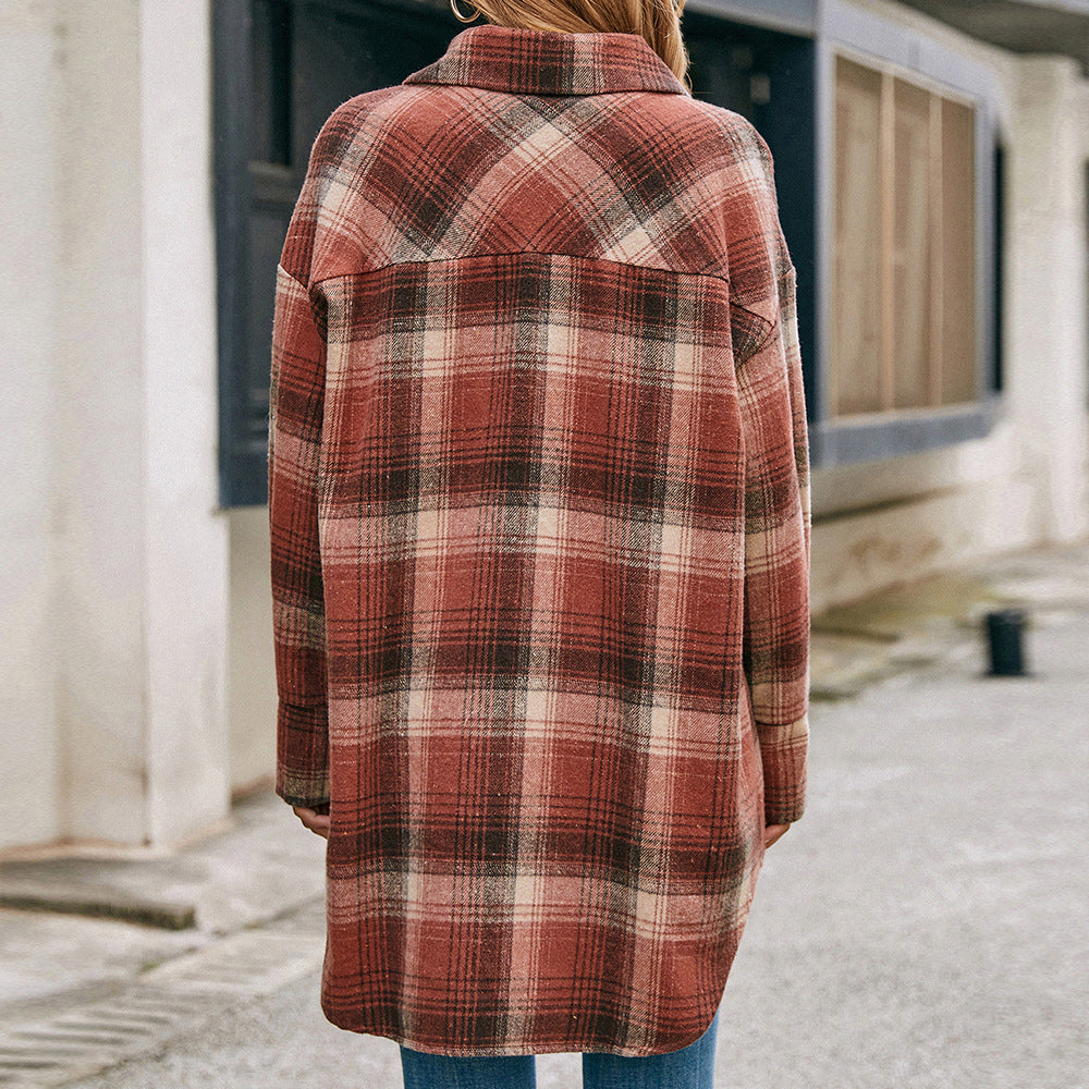 Brushed Loose Casual Plaid Shacket Single-Breasted Plush Checked Shacket Jacket Coat Top Women