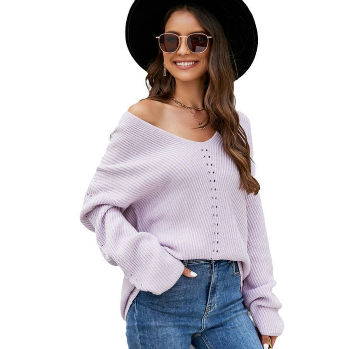 Women Clothing V Neck Casual Pullover Women Loose Long Sleeve Sweater