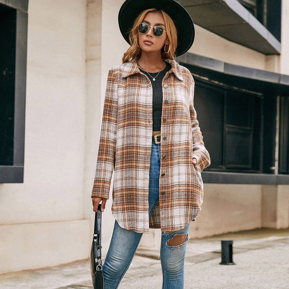 Loose Casual plus Size Plush Plaid Long Sleeve Shacket Jacket Coat Brushed Plaid Windbreaker Shacket for Women