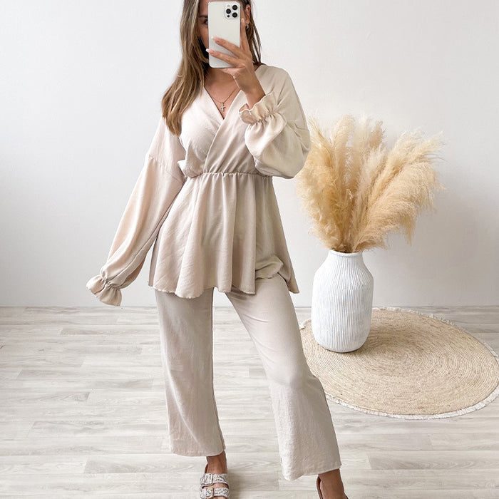 Autumn Casual Set V neck Long Sleeve Waist Tight Pullover High Waist Cropped Pants Two Piece Set