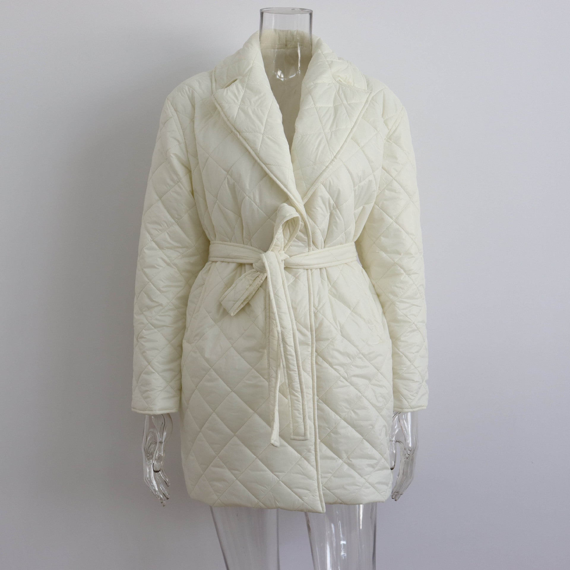 Rhombus Cotton Padded Mid-Length Collared Autumn Winter Street Women Coat Waist-Controlled Pocket Cotton Padded Coat for Women