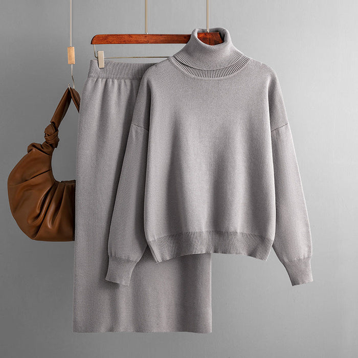 Solid Color Turtleneck Sweater Sheath Skirt Two Piece Set Autumn Winter Knitting Suit Women