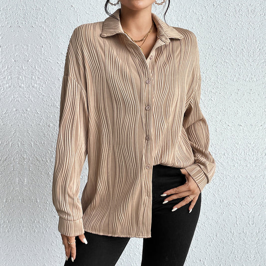 Designed Fold Collar Button Texture Shirt Women Clothing