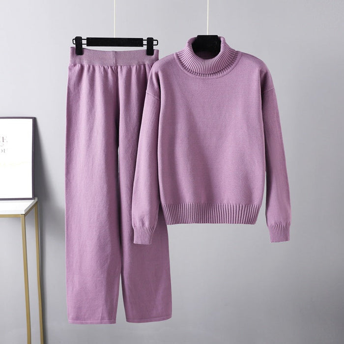 High Collar Suit Autumn Winter Solid Color All Matching Outer Wear Knitted Top Casual Pants Two Piece Set