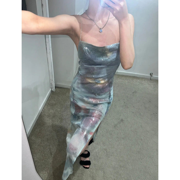 【MOQ-5 packs】 Sexy Vacation Summer Gray Bottom Floral Sequ Full Embroidery Mermaid Backless Slit High Waist Cami Dress