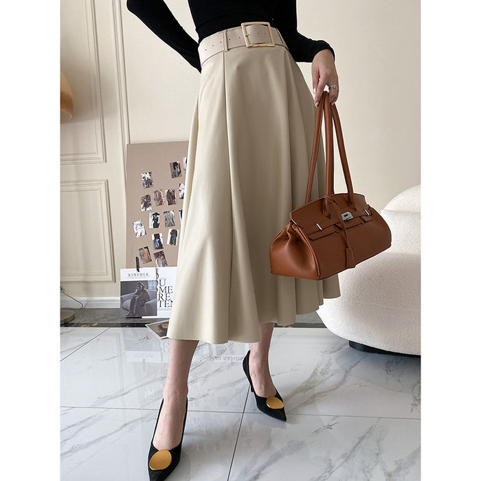 High Waist Petite Skirt Mid-Length Women Autumn Winter A- line Leather Skirt Umbrella Skirt