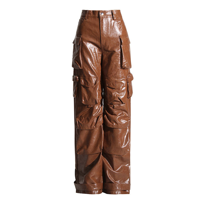 Unique Design Trousers Autumn High Waist Large Pocket Faux Leather Straight Leg Pants Profile Women