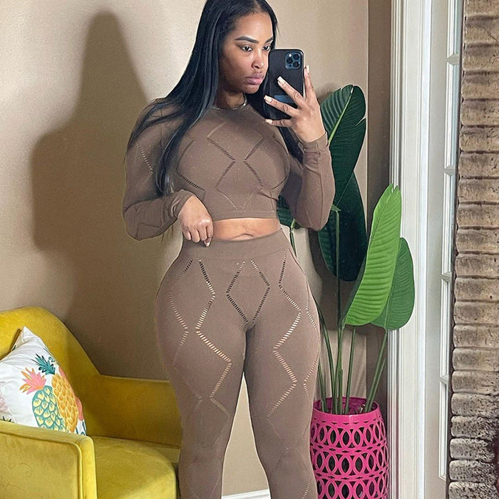 Fall Women Clothing Sexy Hollow Out Cutout-out Ripped High Waist Tight Trousers Casual Sports Set for Women