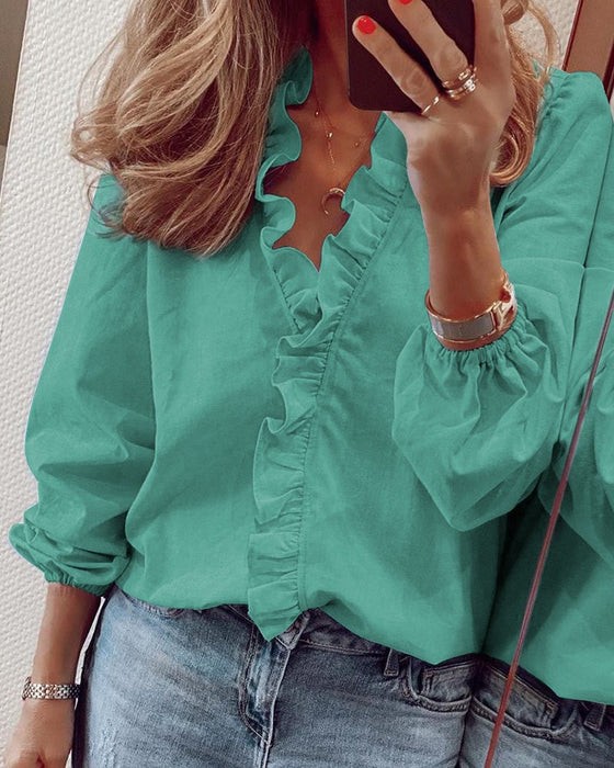 Spring Summer Long Sleeve Ruffle Blouse Women Shirt