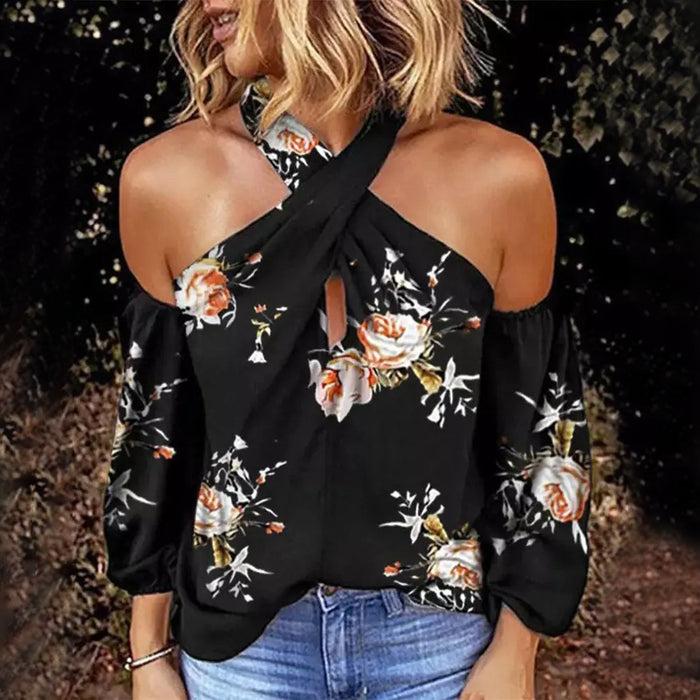 Summer Printed Long Sleeve Halter Sexy Backless Loose Top Women