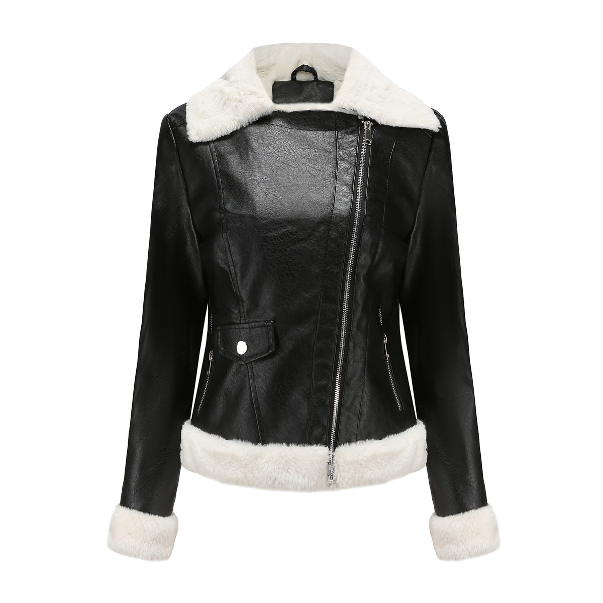 Autumn Winter Fleece Leather Jacket Women European Size Warm Long Sleeves Turn down Collar Coat Office Casual Jacket