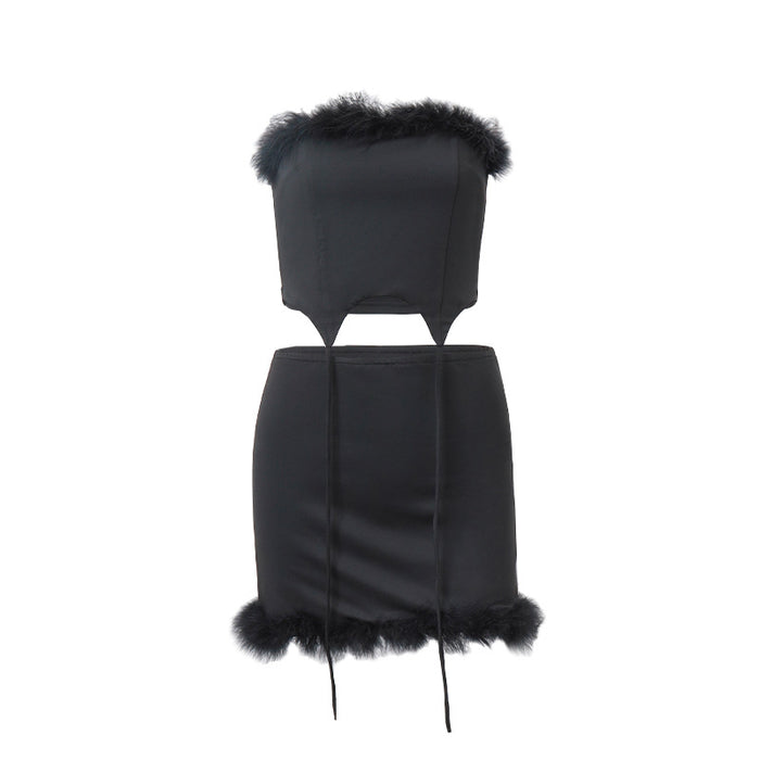 Fall Women Clothing Sexy Furry Stitching Tube Top Vest Hip Skirt Set for Women