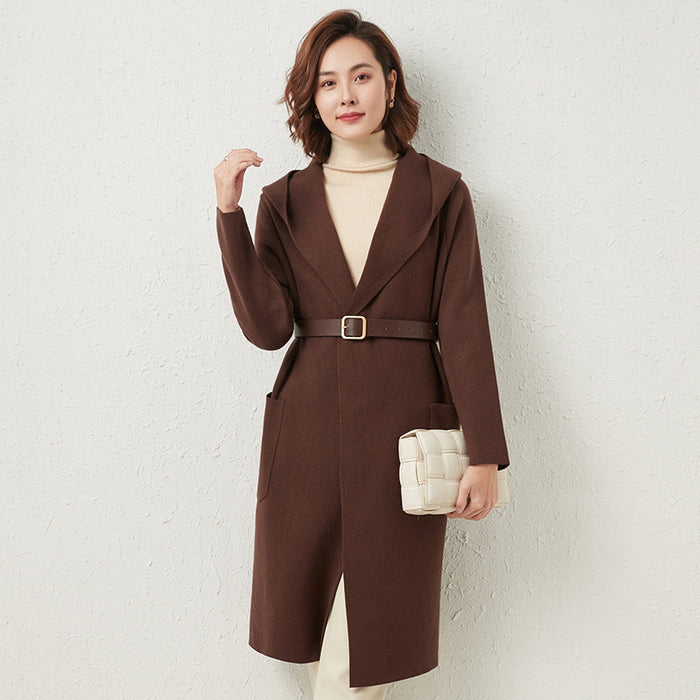 Hepburn Solid Color Woolen Coat Women Autumn Winter Mid Length Small Woolen Overcoat Thickened