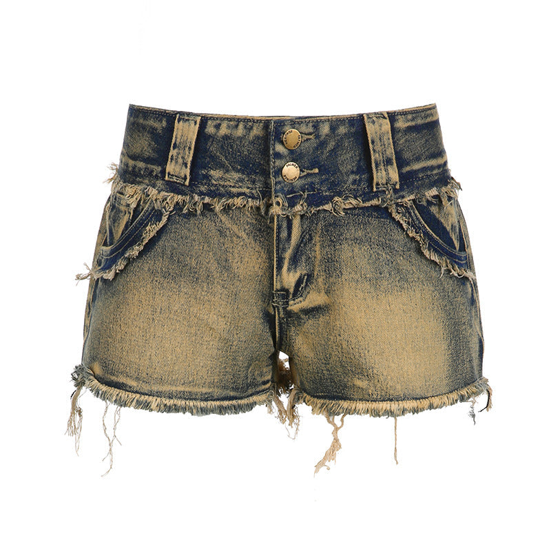 Street Retro Washed Distressed High Waist Double Buckle Raw Hem Jeans Western Sexy Sexy Slimming Super Short Shorts