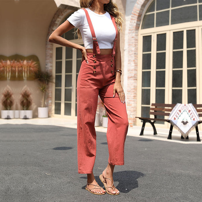 Summer Casual Women Wear Solid Color Loose Cotton Linen Straight Suspender Pants