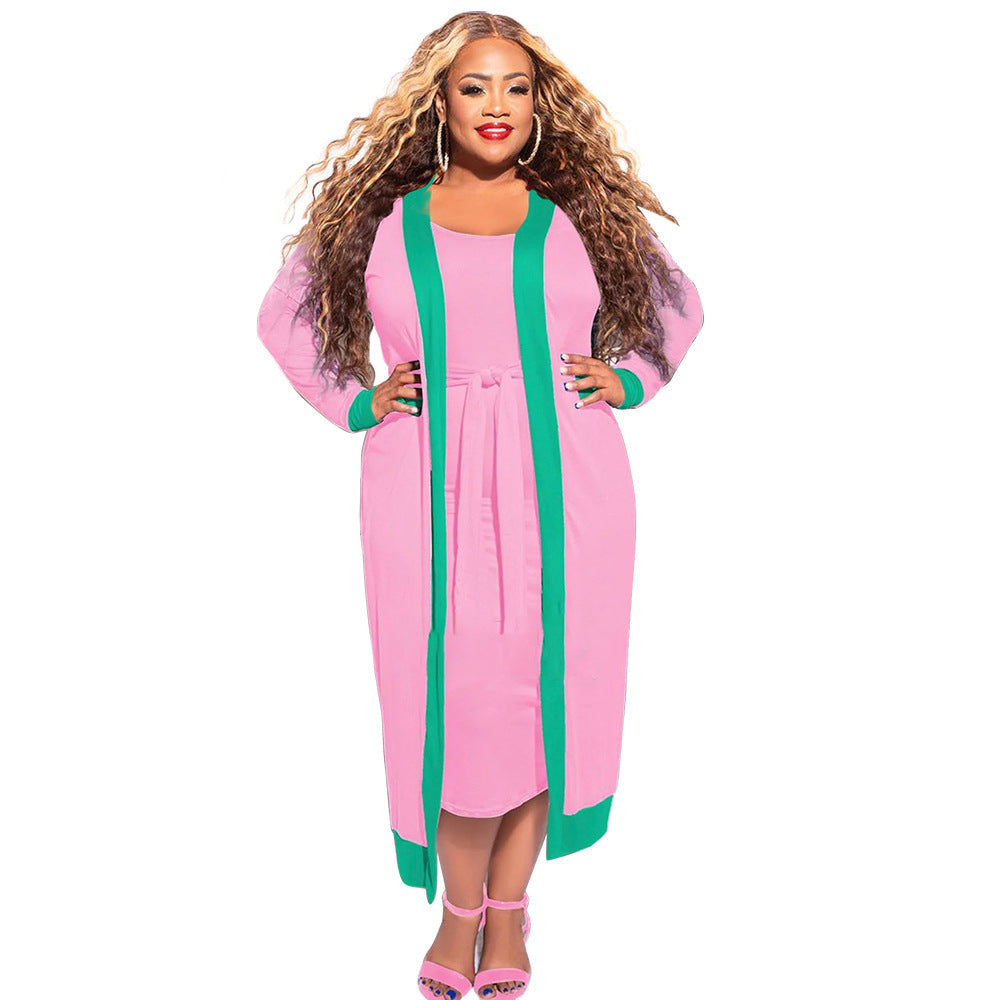 plus Size Chubby Women Clothes Casual Solid Color Striped Stitching Long Sleeve Coat Lace up Vest Dress Set Women