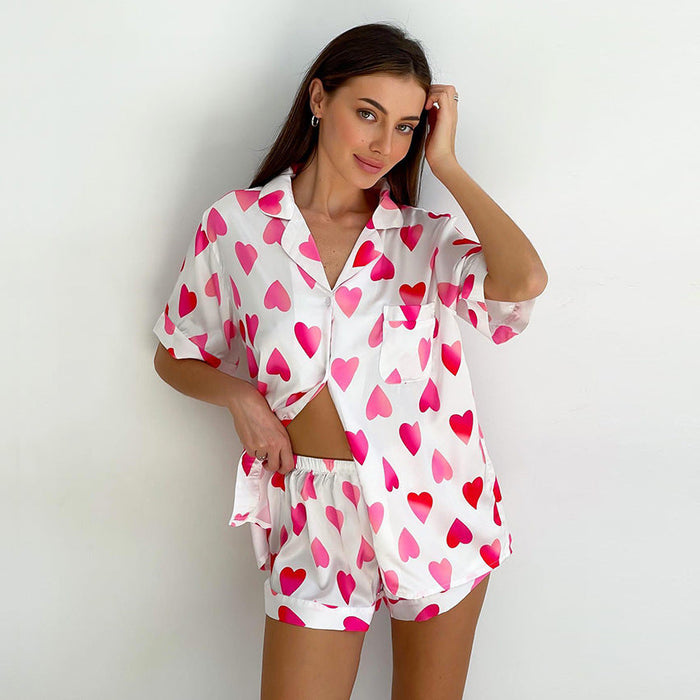 Heart Printing Pajamas Women Summer Short Sleeve Shorts Suit Loose Ice Silk Home Wear