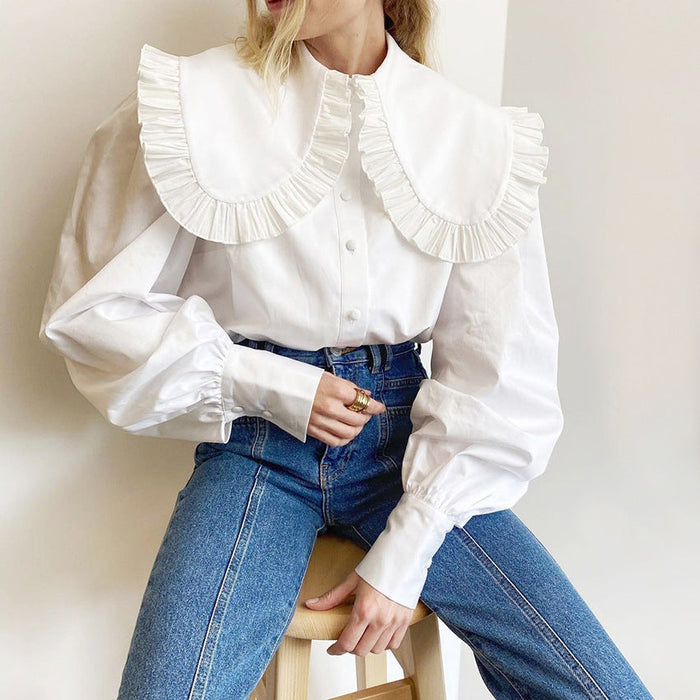 French Palace Doll Collar White Cotton Shirt Women Spring Fungus Long Sleeve Shirt