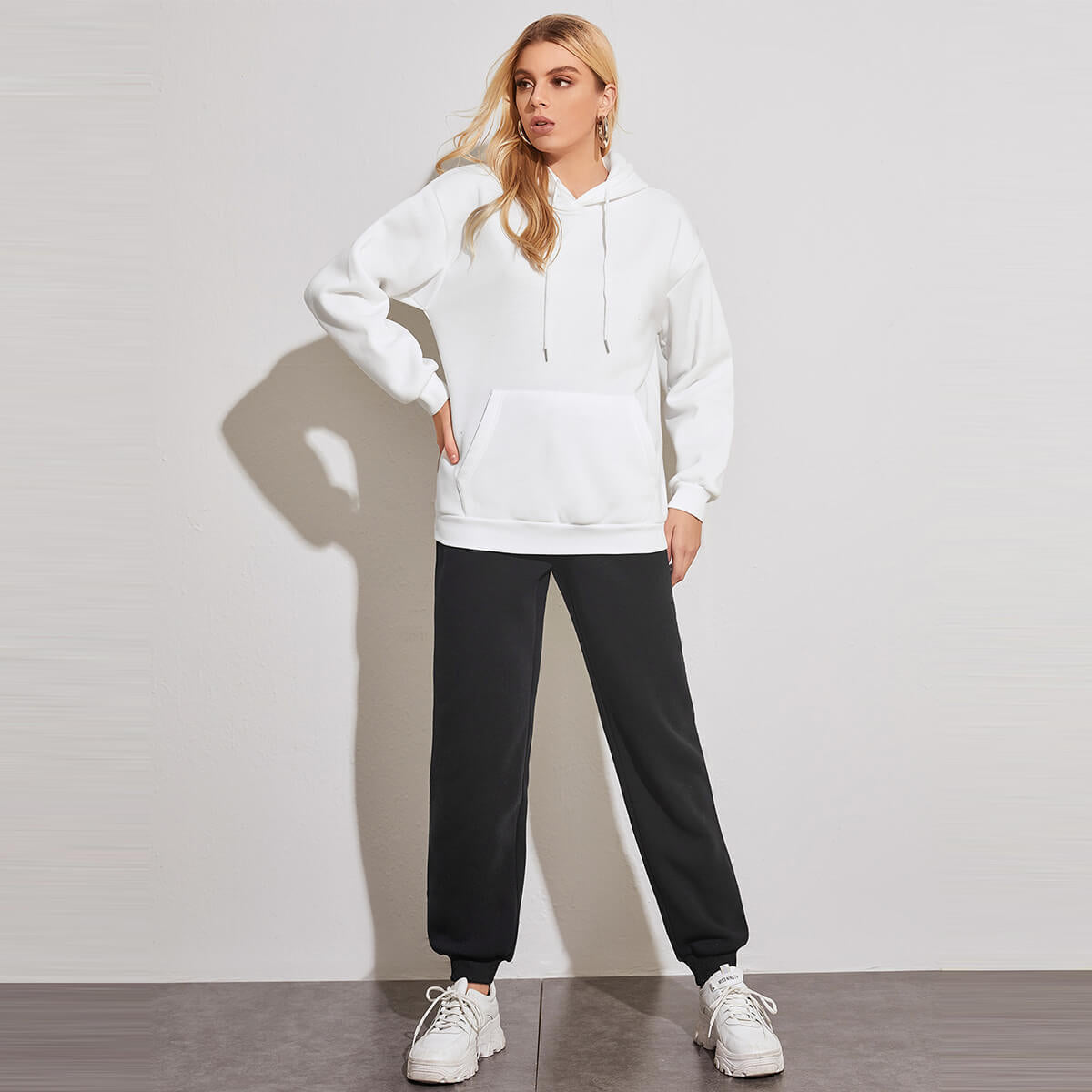 Casual Suit Fleece Drop Shoulder Solid Color Hooded Sweatshirt Sweatpants Delivery