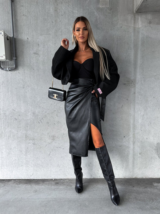 Autumn Winter Women Clothing Split Lace up High Waist Sexy Package Hip Punk Leather Skirt