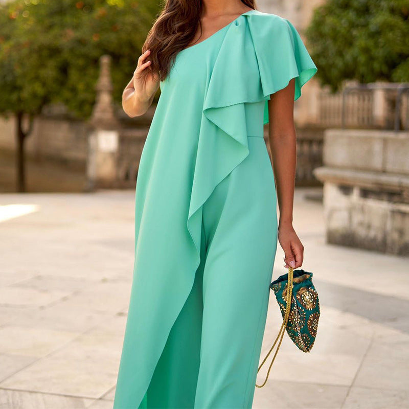 Summer Women Solid Color Loose Shoulder Long Jumpsuit