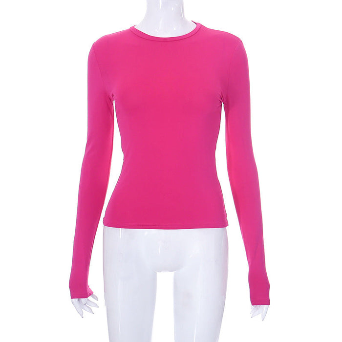 Women  Clothing Spring Solid Color round Neck Long Sleeve Basic  Top