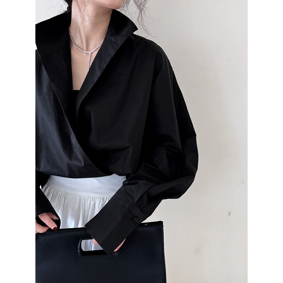 Profile Bandage Dress Stand Collar Deep V Plunge neck White Shirt Women Lazy Batwing Sleeve Elegant Large Version Blouse for Commuting