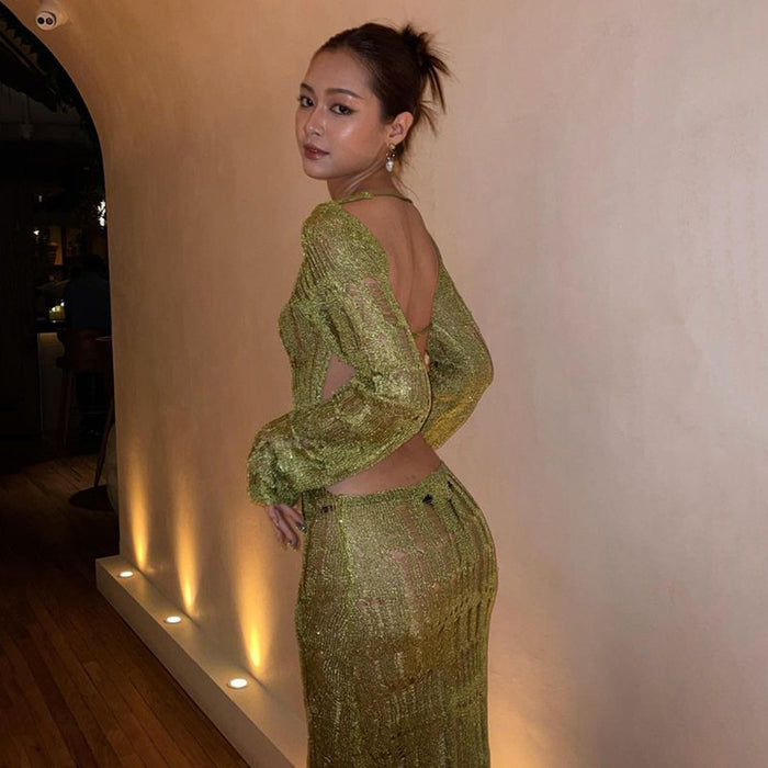 Knitted Women Clothing See through Dress Sexy Sexy Backless Long Sleeves Maxi Dress