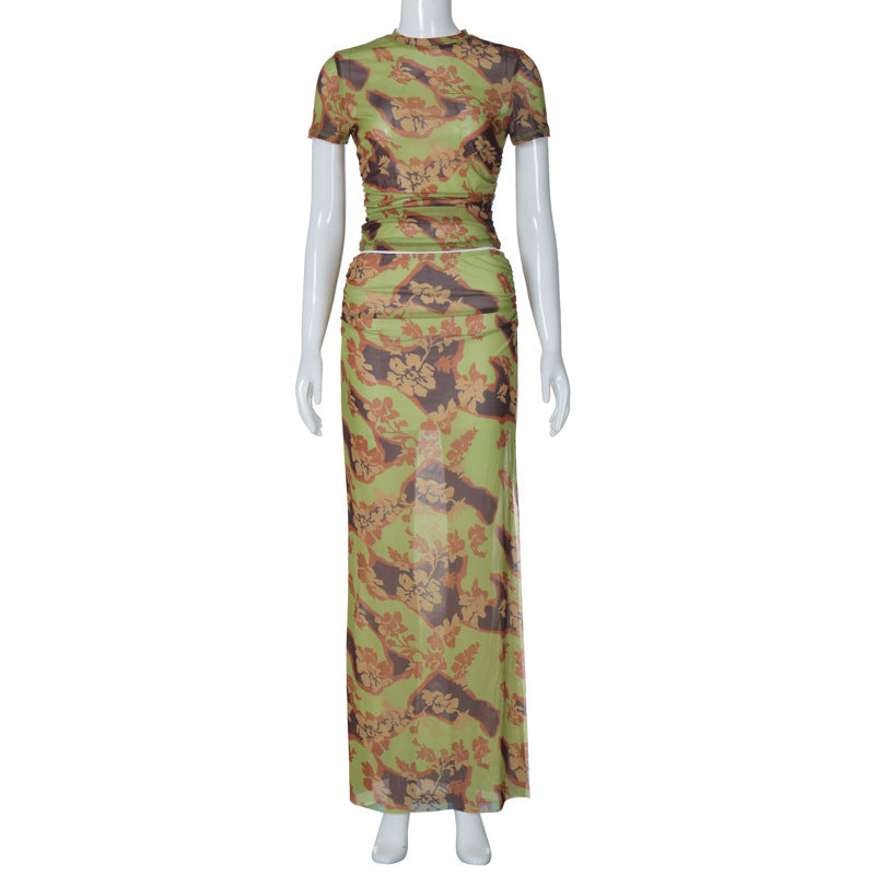 Women Clothing Floral Printed Mesh T shirt Sheath Slim Autumn Skirt Set