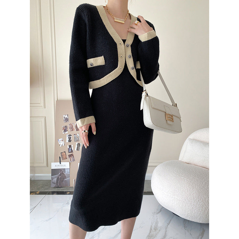 Fragrant Dress Knitted Cardigan Two Piece Set Autumn Winter Gentle Slim Fit Suit