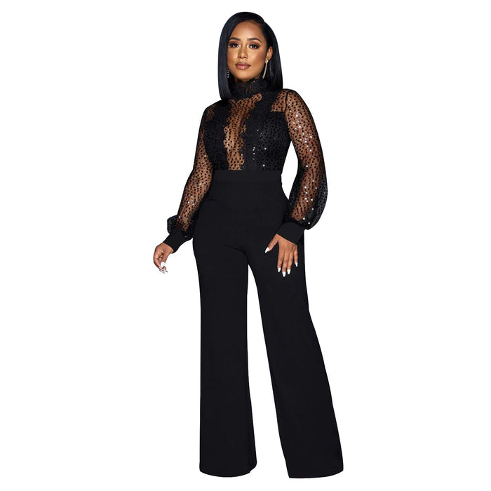 Women Wear Hollow Out Cutout out See through Long Sleeved Trousers Lace up Jumpsuit