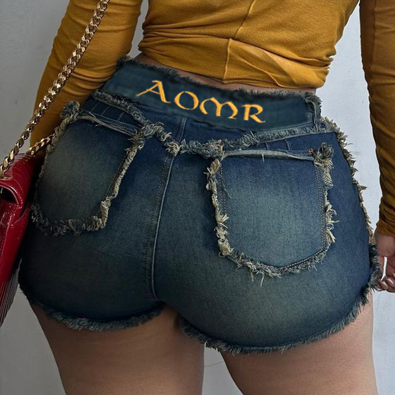 Street Sexy Fashionable Letters Embroidered Frayed Hem Denim Pants Distressed High Waist Thin Looking Cool Hip Hop Shorts