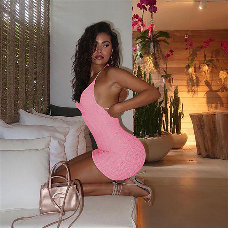 Summer Women Clothing Halter Sexy Low Cut Backless Slim Fit Knitted Sheath Dress