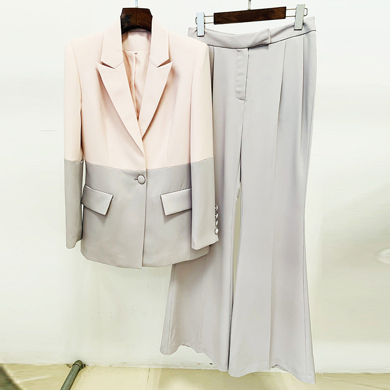 Goods Business One Button Color Matching Mid Length Suit Bell Bottom Pants Suit Two Piece Blazer Suit Set