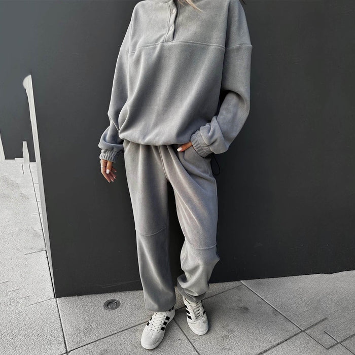 Autumn Winter Women Clothing Casual Sweatshirt Outfit Women Solid Color Polar Fleece Top Trousers Two Piece Set