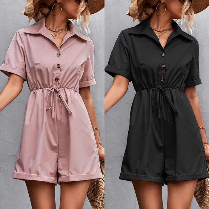 Spring Summer Popular Shirt Collar Short Sleeve Lace-up Romper