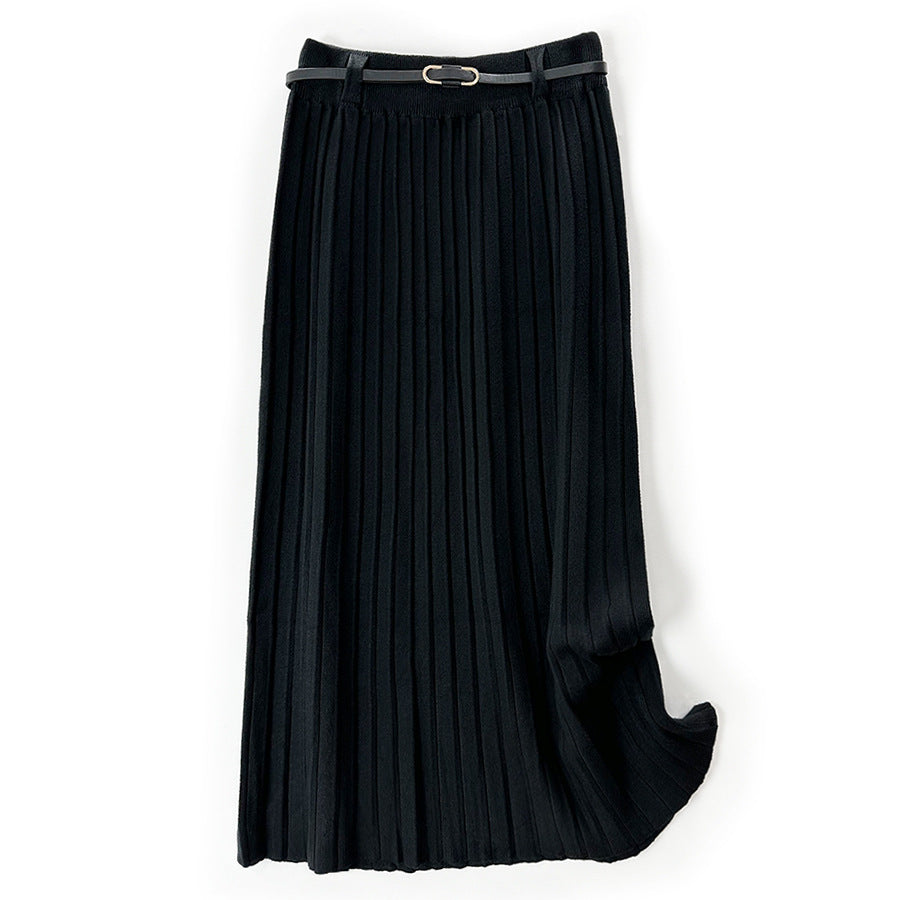 Women Belt Young Pleated Skirt Mid Length Autumn Winter Slim Fit Elegant Knitted Skirt Office Casual Skirt